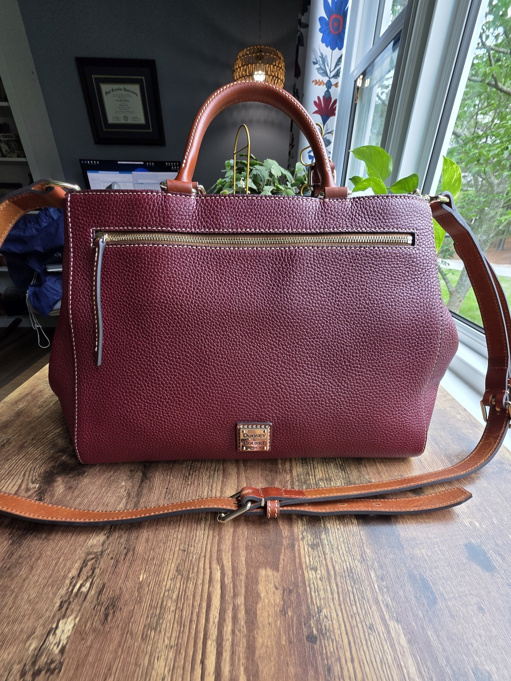 Dooney & Bourke Burgundy Pebble Leather Satchel with Tan Trim